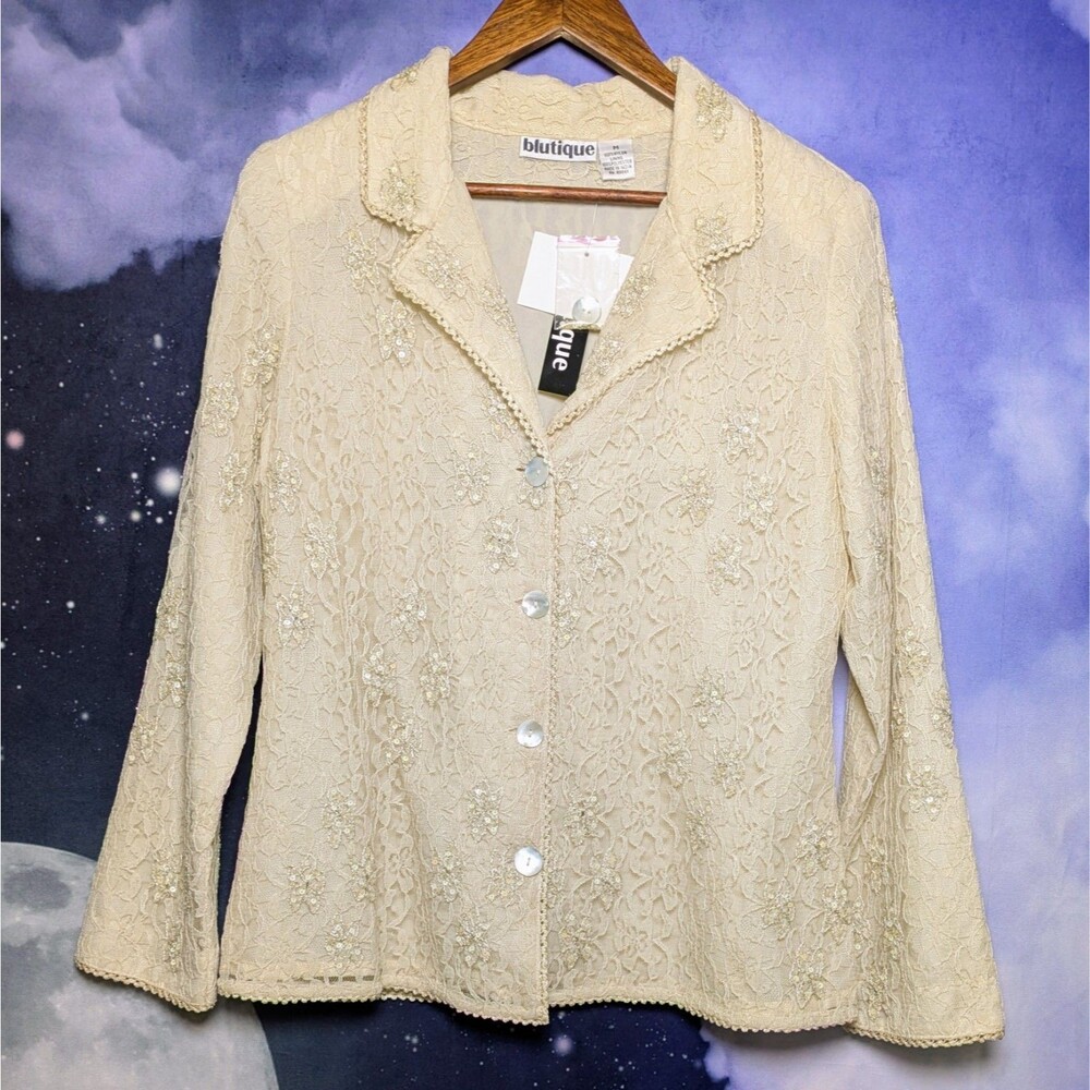 Romantic Beaded Lace Blouse Cream Cottagecore Coquette Dainty Fairycore M NWT - Picture 2 of 9